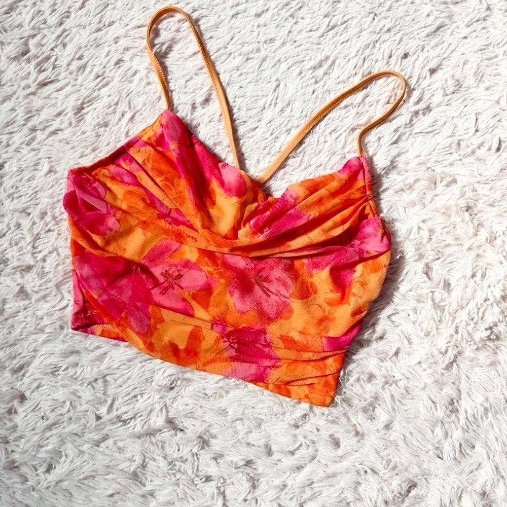 Tropical Floral Bright Colorful Festival Mesh Cowl Open Back Crop Top Womens M